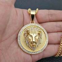 hip hop charm iced out bling golden lion head pendants necklaces male gold color stainless steel chain rock jewelry gift for men