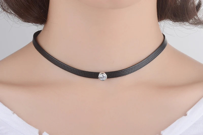 

Yanleyu Fashion Women Choker Necklace 925 Sterling Silver 8mm Crystal Zircon Jewelry Black Leather Strip Party Accessories PN017