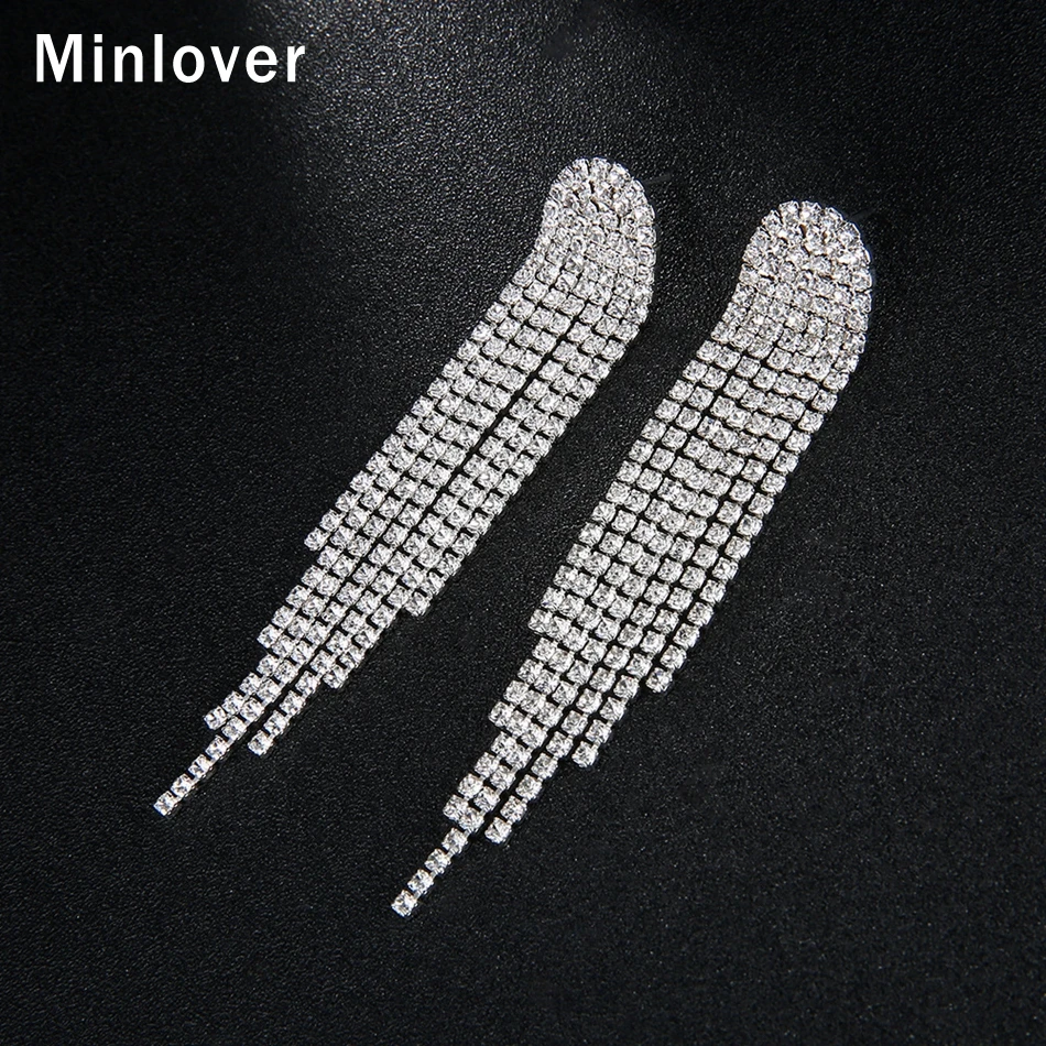Minlover, серебряный цвет, кристалл, Длинная кисточка, висячие серьги для женщин, стразы, серьги для невесты, свадебные ювелирные изделия MEH1423