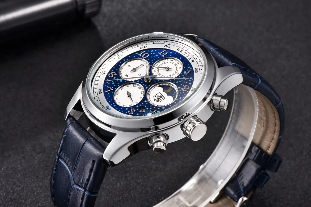 BENYAR Топ люксовый бренд Moon Phase часы мужские водонепроницаемые Хронограф военные спортивные кварцевые часы мужские часы Relogio Masculino