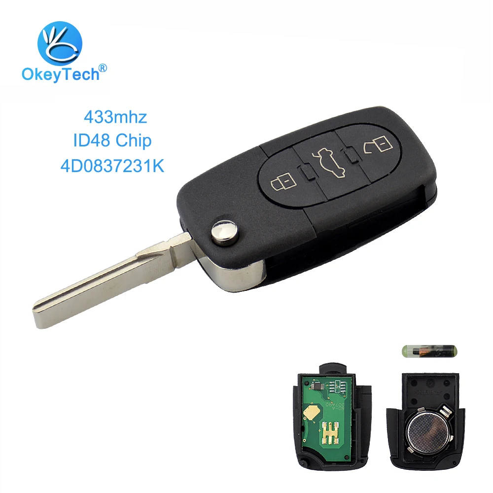 OkeyTech 4D0837231K 4D 0837 231 K для Audi дистанционный ключ 433 МГц ID48 Стекло Чип разрезание