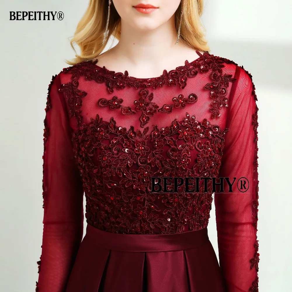 Robe De Soiree Длинные рукава бургундские Длинные вечерние платья длина до пола Винтажный кружевной топ дешевые платья для выпускного вечера