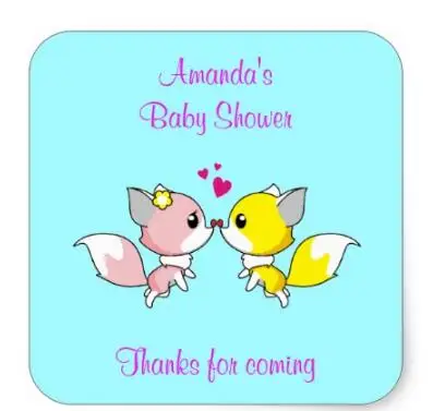 

1.5inch Kissing Foxes Baby Shower Thank You Square Sticker