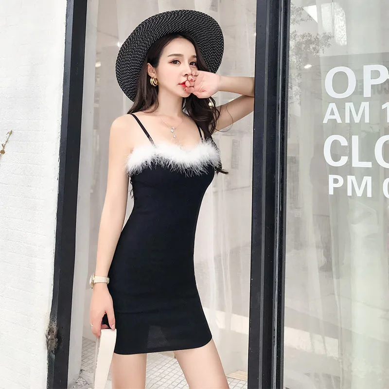 Сексуальная Спагетти ремень платье Женщины Оболочка Bodycon мех черный розовый мини