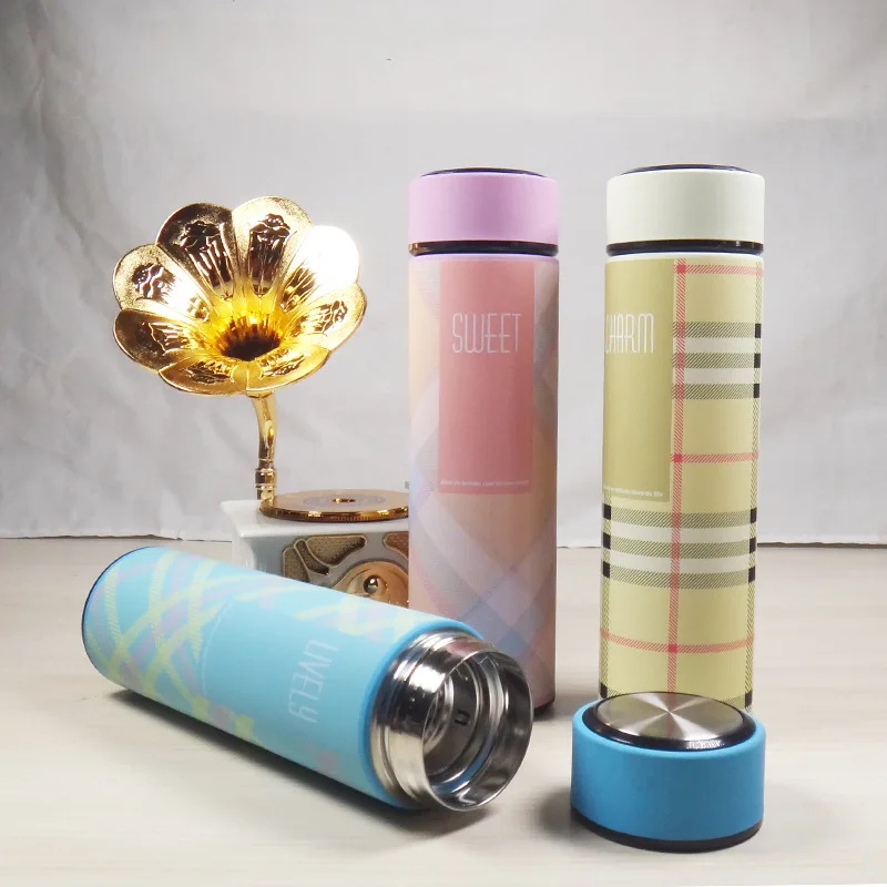 Creative Plaid Double Wall Vacuum Flask Thermos Bottle 304 Stainless Steel Thermal Insulation Cup Student Withe Pink Blue 450Ml | Дом и сад