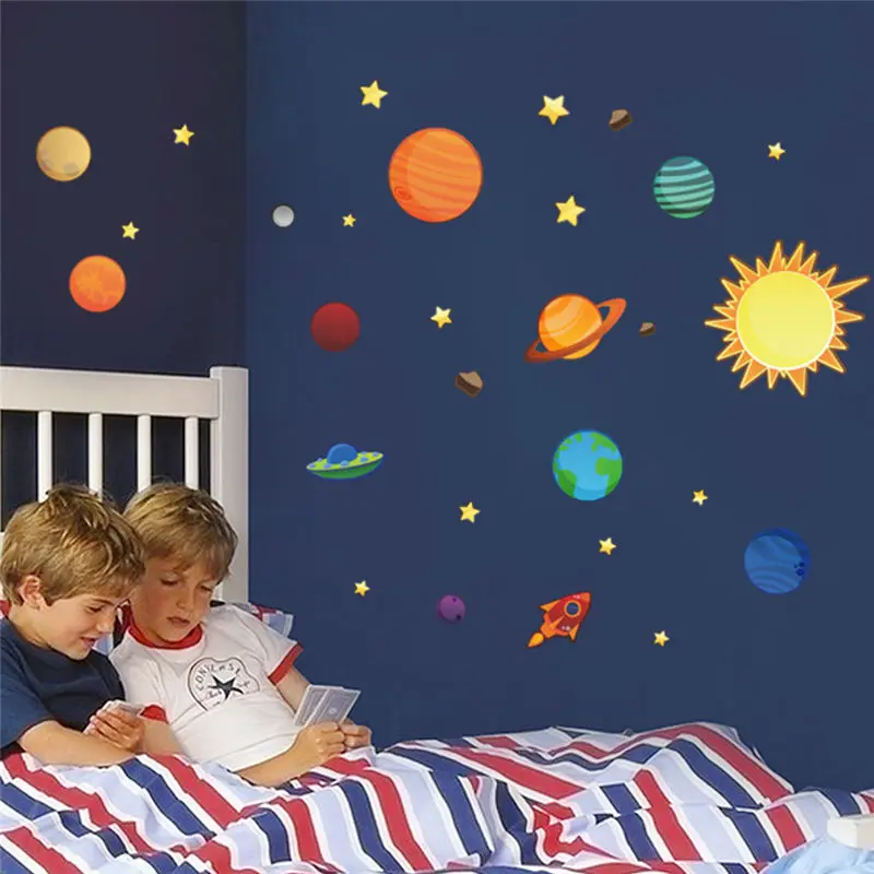 solar system planets moon wall decals kids gift bedroom decorative stickers diy cartoon mural art pvc nursery boys posters 1313.