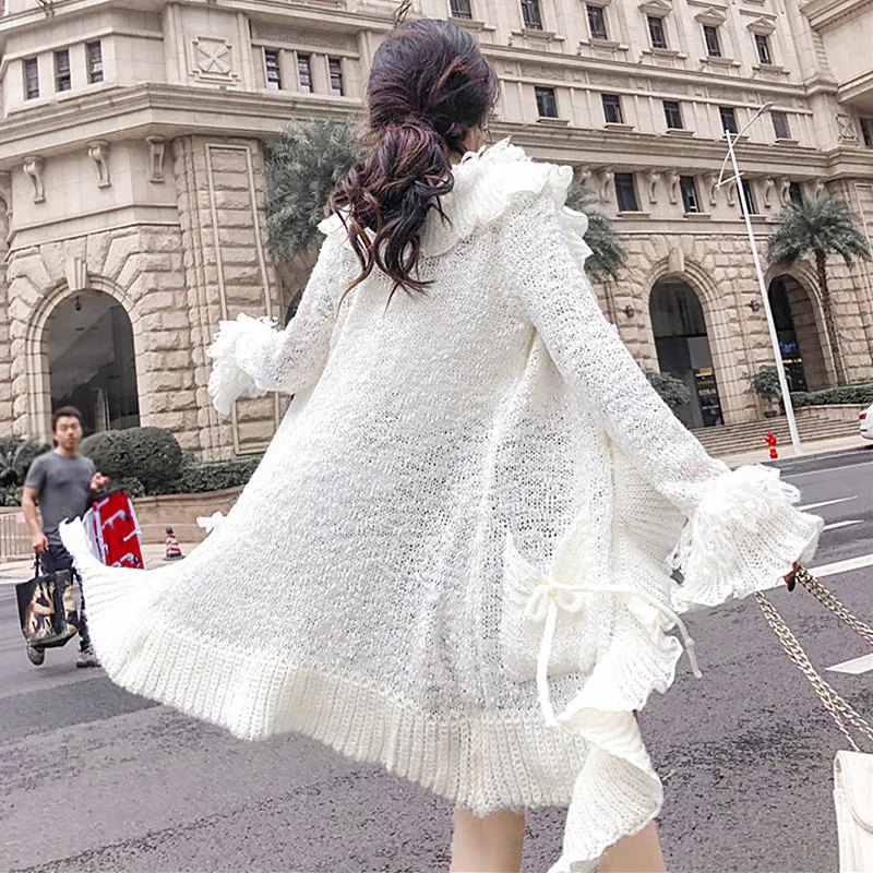 Fashion Knit Cardigan Sweater Women's 2018 Autumn Winter New V-Neck Long Ruffled Sleeve Slim Coat Single Breasted |