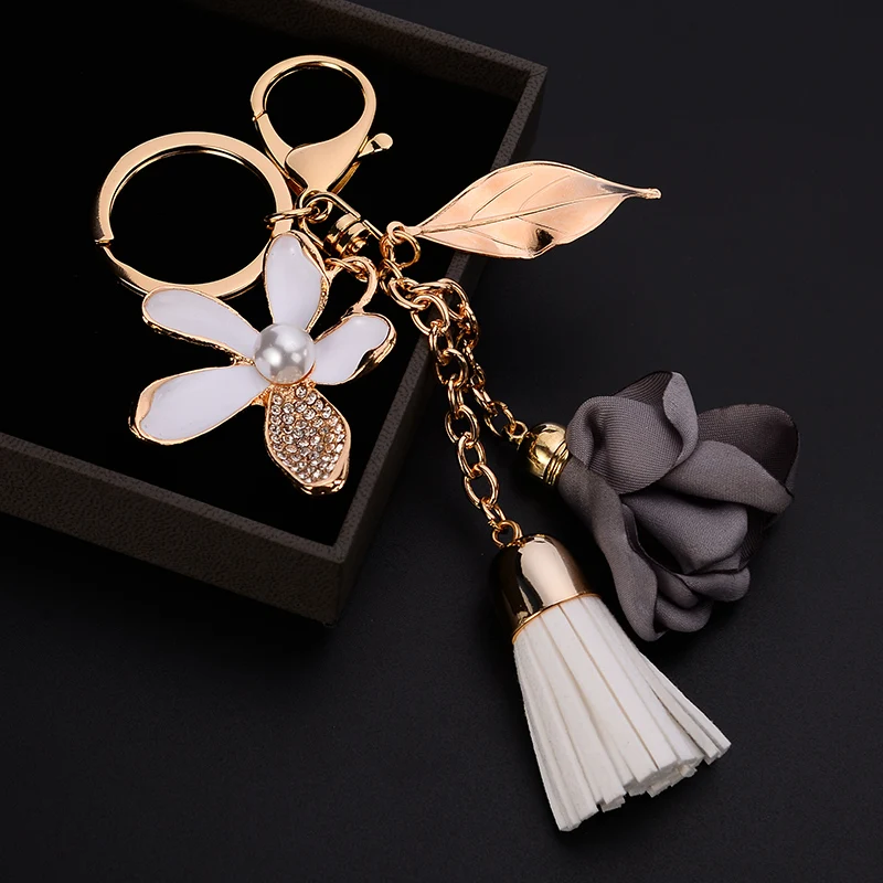 

New PU Leather Tassel Keychain For Women Crystal Flower Keyring Bag Charm For Keys porte cle llavero sleutelhanger CH977