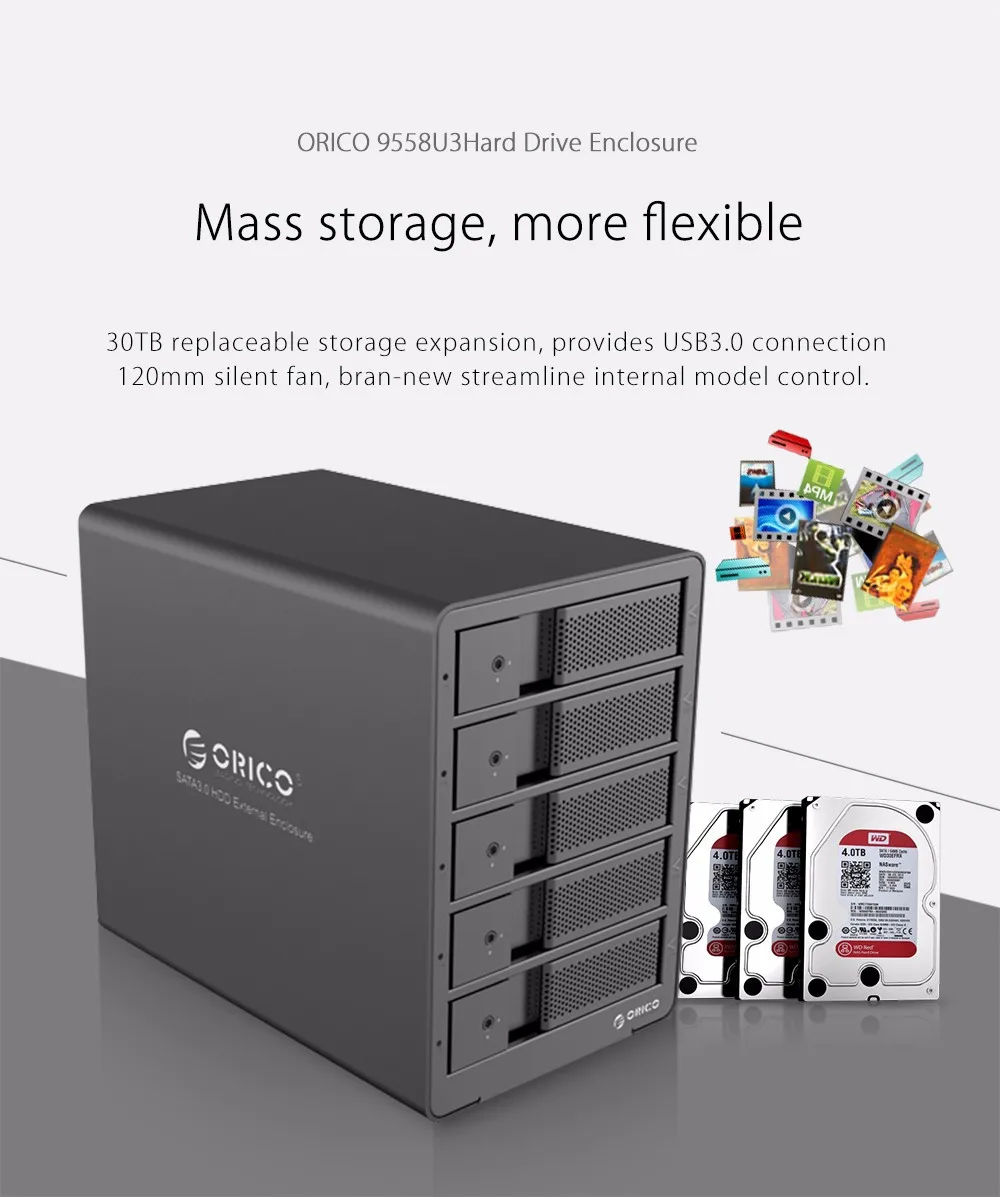 ORICO 5 bay 3,5 дюйма SATA алюминиевый USB3.0 корпус для жесткого диска 50 ТБ макс с 12V6. 5A ЕС вилка адаптер питания из России Склад