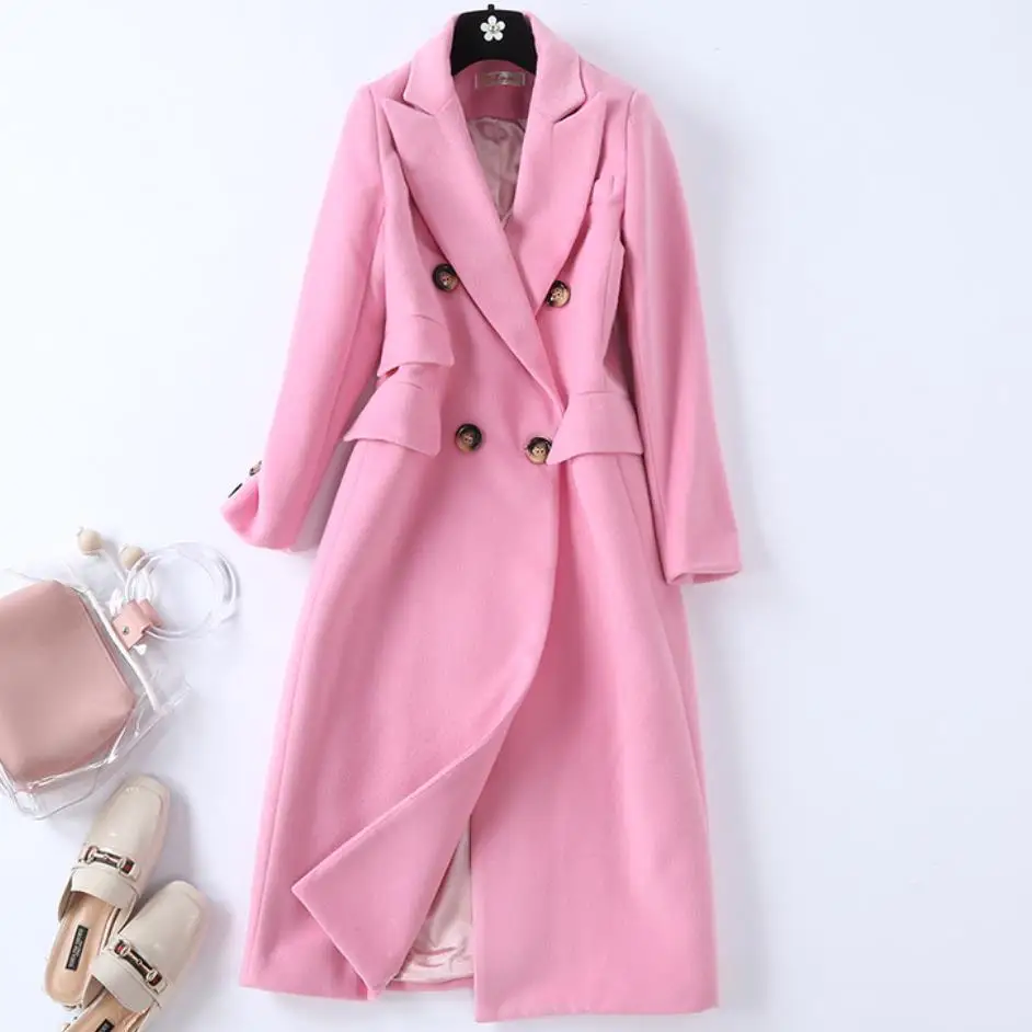pink Шерстяное пальто зимнее Новое Розовое длинное пальто женское двубортное кашемировое пальто с отложным воротником высокого качества - Цвет: pink