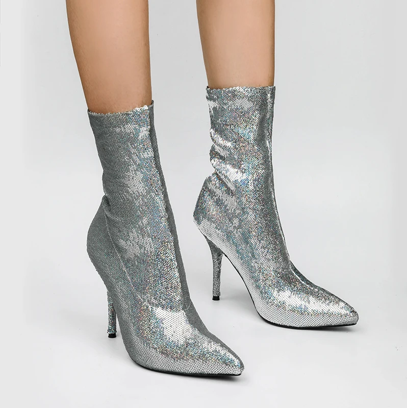Arden Furtado 2018 autumn woman ankle boots stilettos heels slip on pointed toe short bling sequined fashion shoes | Обувь