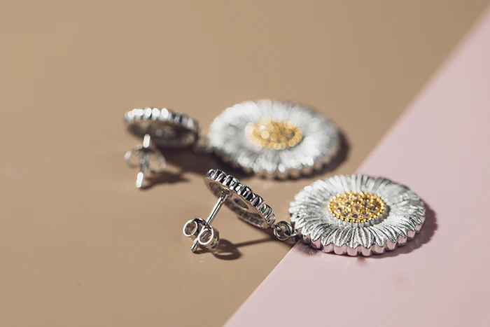 CMAJOR Solid Sterling Silver Jewelry Two Tone Vintage Elegant Daisy Bellis Perennis Drop Earrings For Women