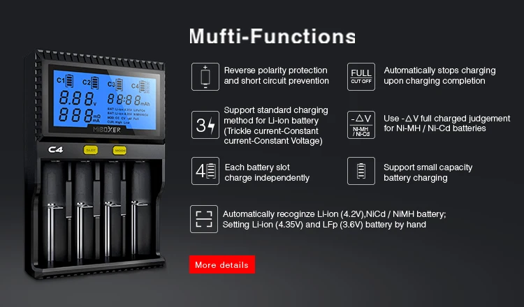 oriMiboxer C4 VC4 ЖК-зарядное устройство для литий-ионных/IMR/INR/ICR/LiFePO4 18650 14500 26650 AAA 4,2 3,7 1,2 1,5 в батареи