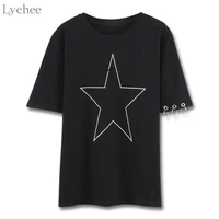 lychee harajuku summer women t shirt star print hole ring casual loose short sleeve t shirt tee top female