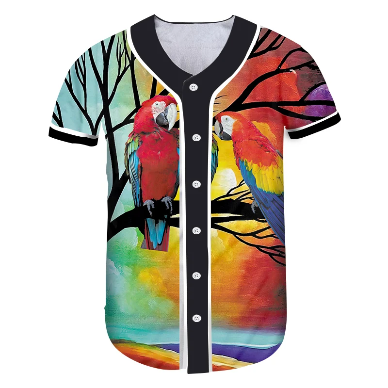 Мужская футболка UJWI на пуговицах летняя с 3D принтом Красного попугая