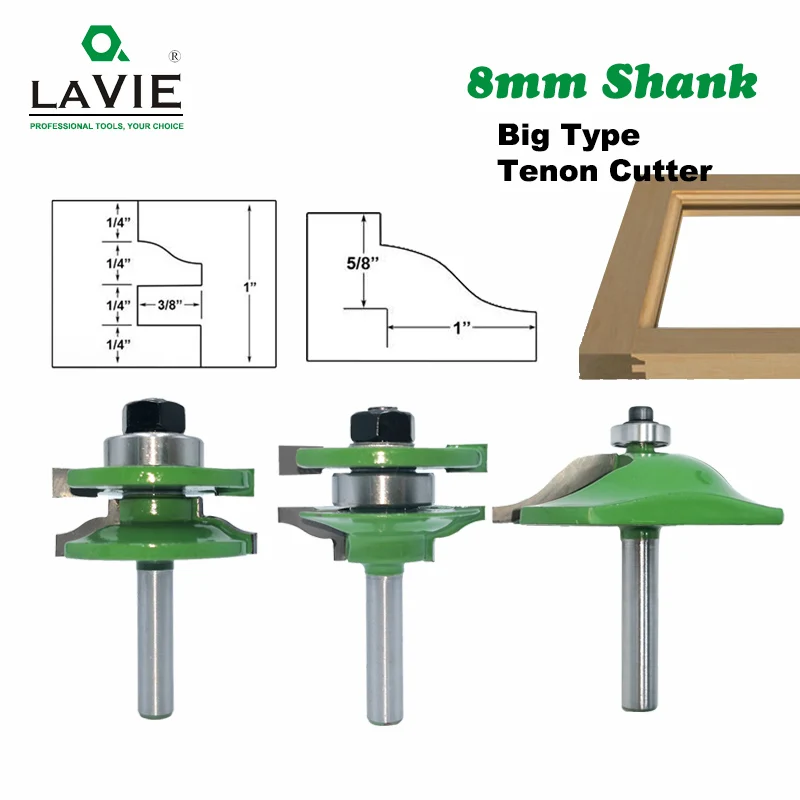 LAVIE 8mm Shank 3pcs Big Cabinet Rail & Stile Tenon Router Bit Set Door Cabinet Panel Raiser Ogee Wood Milling Cutter MC02040