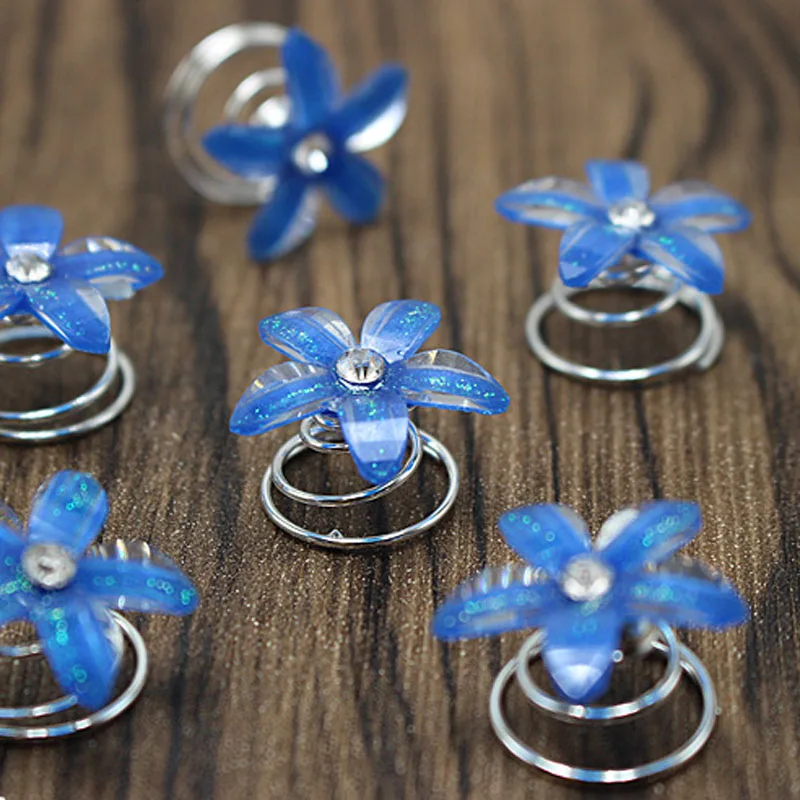 Blue 12 шт., свадебные красные заколки для волос из смолы с кристаллами, закручивающиеся на спирали с цветами, вихревые Спиральные заколки для волос, женские белые лепестки, ювелирные аксессуары - Окраска металла: Blue