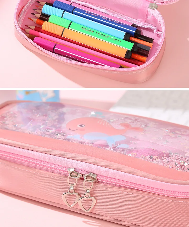 4 Colors Large Capacity Whale Pencil Case Double Zipper Cartoon Student Pencil Bag Gift Estuches School Pencil Box