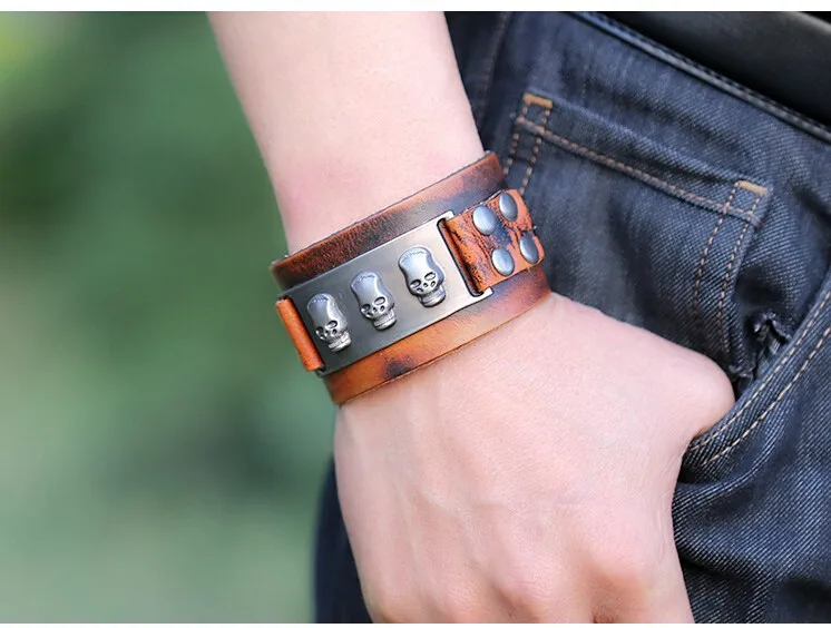 Для мужчин череп браслет 2017 в стиле панк рок Стиль широкий коричневая обертка