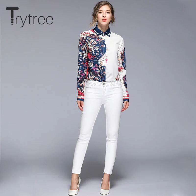 Ttytree осень Асимметричный цветочный принт блузки Повседневная рубашка Женская