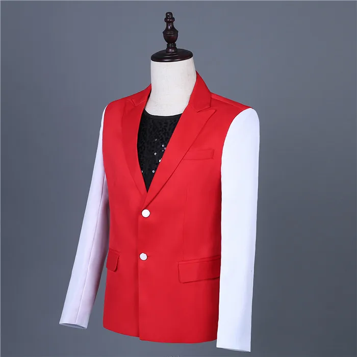 Red-White Stitching Blazers Set One Button Slim Fit Tuxedo Suit Men's Wedding Groomsmen Dress Singer Group Performance Costumes