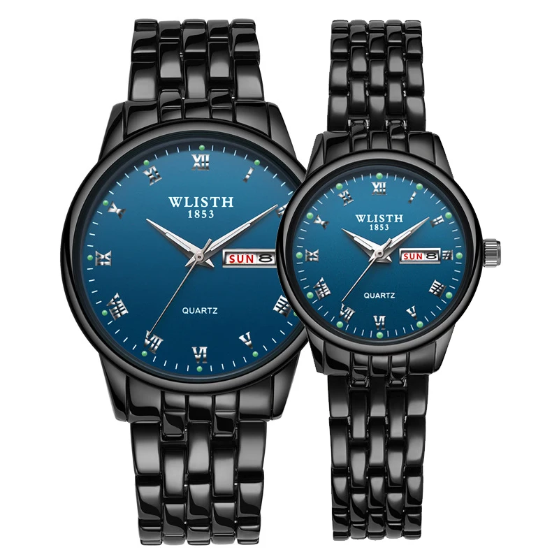 1 Pair Blue 1 пара часов Часы из нержавеющей стали часы с датой недели светящиеся модные часы для влюбленных Подарочная коробка кварцевые наручные часы для мужчин и женщин - Цвет: 1 Pair Blue