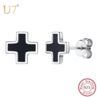 u7 925 sterling silver stud earrings enamel classic black cross earring for women party ear enamel brinco jewelry gift sc188