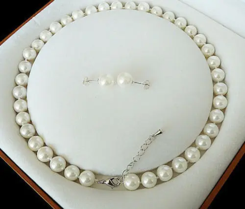 

8mm White Akoya Cultured Shell Pearl Necklace Earring Set 18'' AAA