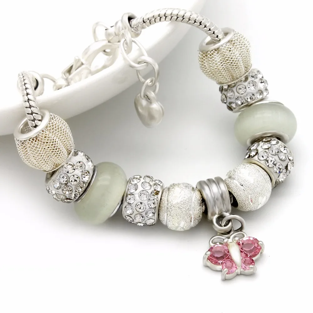 Белый DIY бусы браслет для женщин Посеребренная Кристалл Rhinestone Бабочка модные