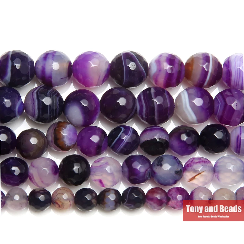 

15" Strand Natural Stone Faceted Purple Stripe Agate Round Beads 4 6 8 10 12MM Pick Size For Jewelry Making DIY