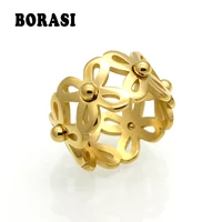 mopera brand new stainless steel hollow flower geometric rings for women gold color 11mm wide female ring trendy jewelry