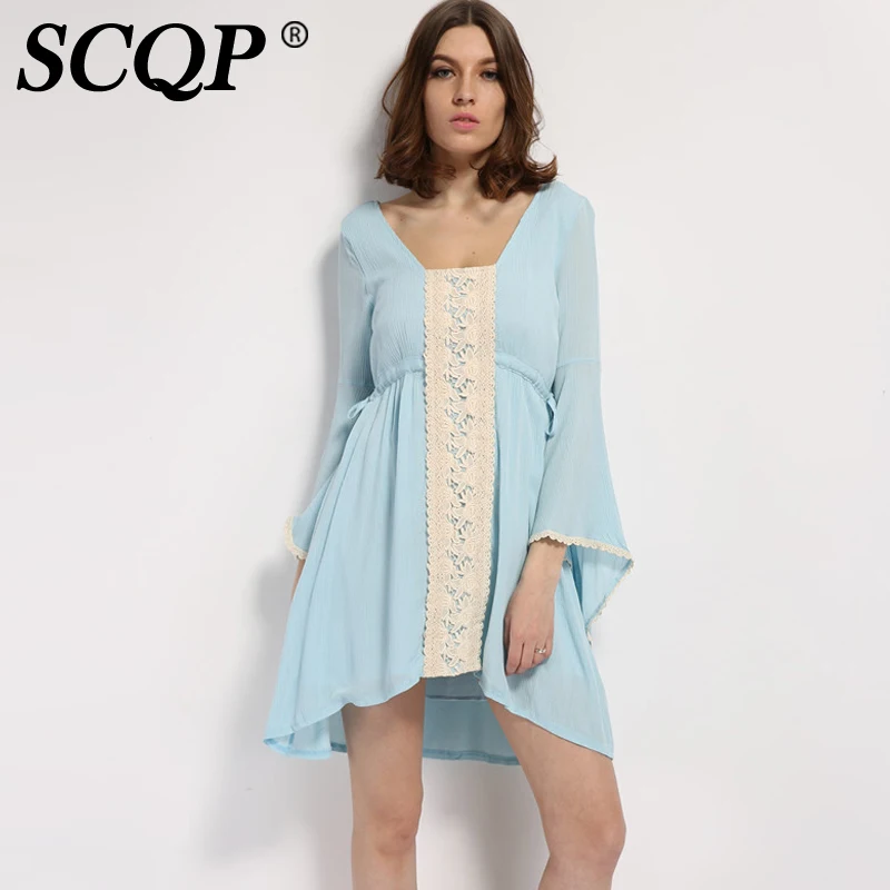 SCQP Вышивка Цветочные Лук Богемный Dress Flare Рукавом Дамы Спинки Автопортрет Мини Sexy