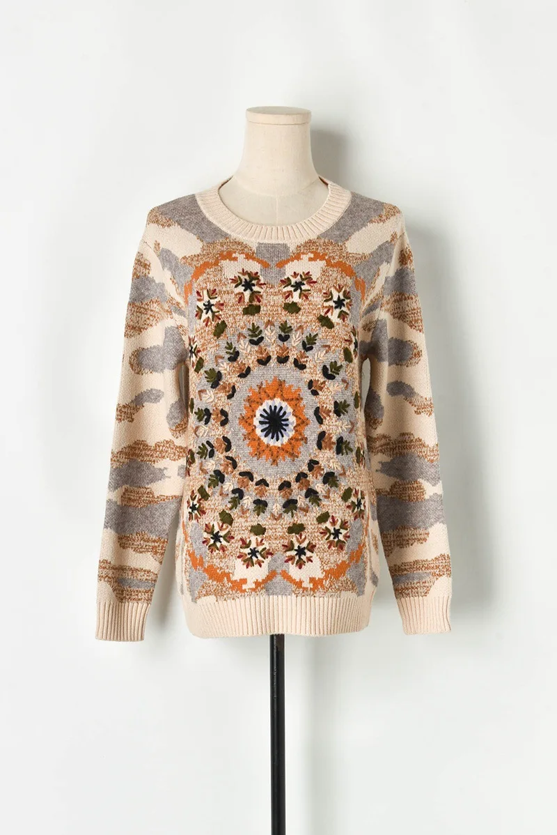 Runway Sweater For Women 2019 Autumn Snows Embroidery Camouflage mujer Loose Casual Khaki Pullover Knitted Top Jumper | Женская одежда