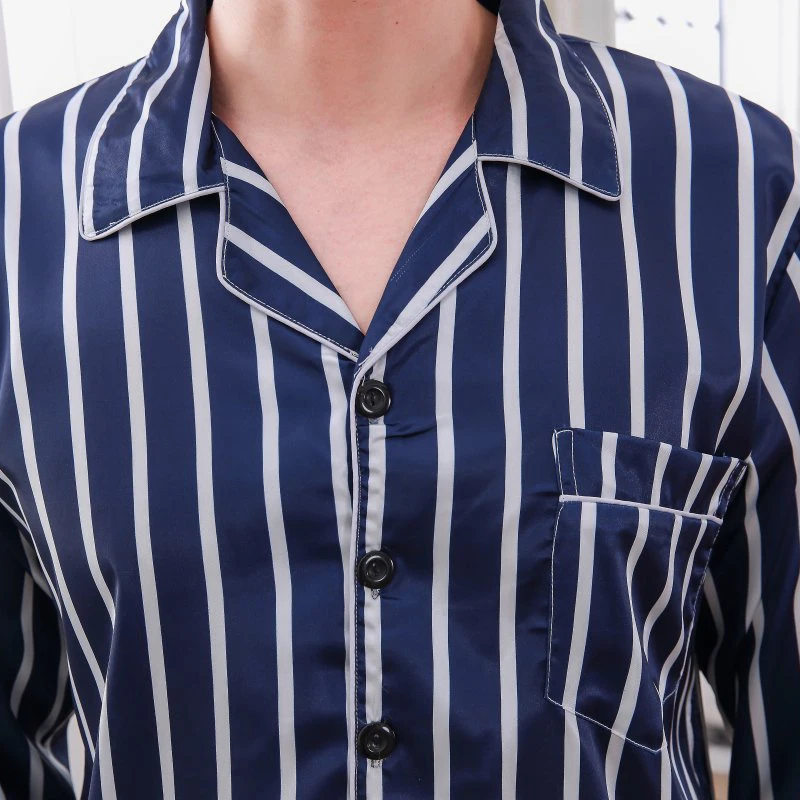 2019 Spring Striped Men's Pajamas Long Sleeve 2 Pcs Home Suit Male Satin Nightwear Silk Casual Sleepwear Pyjama Homme 3XL | Мужская
