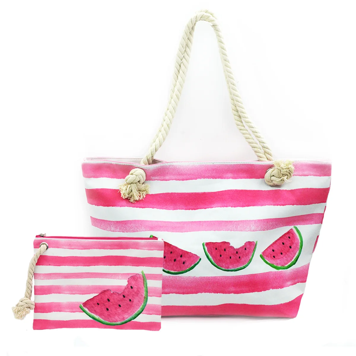 Watermelon Set BONAMIE 2Pcs/lot Flamingo Women Tote Handbags Canvas Female Single Shoulder Bags Casual Hemp Rope Beach Bags Set Wet Bikini Bag - Цвет: Watermelon Set