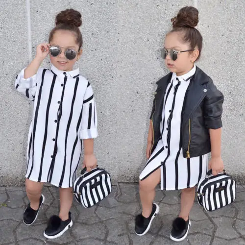 2018 Toddler Kids Baby Girls Summer Clothes Cotton Stripes Long Sleeve Shirt Dress Casual Outfits 1-6Y | Детская одежда и обувь