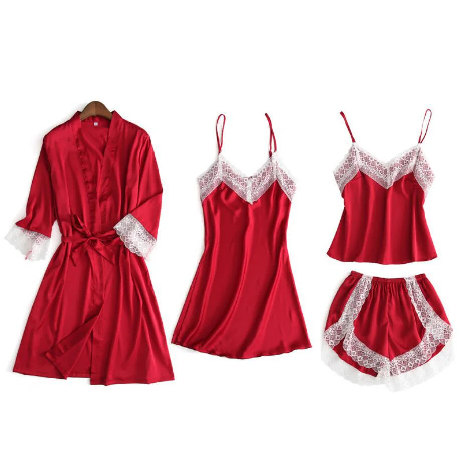

4pcs Sexy Silk Satin Pajama Set Female Lace Pyjama Set Sleepwear Summer Spring Home Wear nightwear For Women with Chest Pad 932