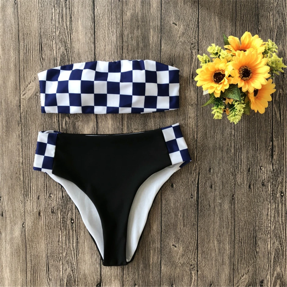 Женское бикини с высокой талией черный и белый купальник купальный костюм