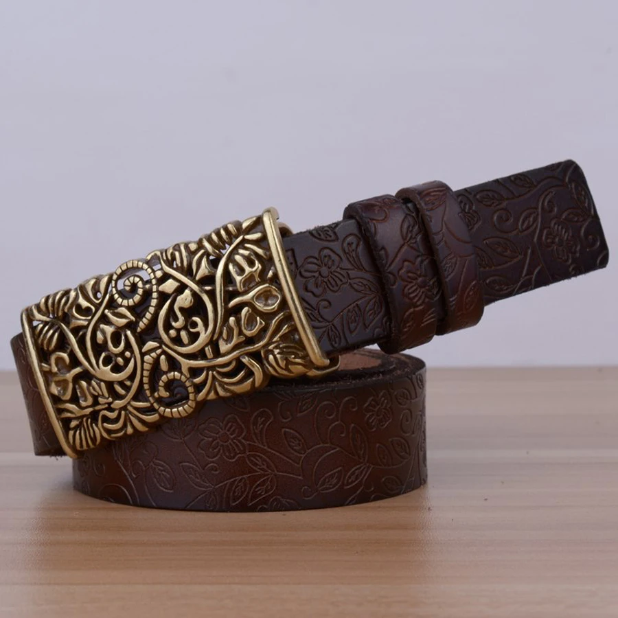 Широкий винтажный ремень из натуральной кожи женский коровьей с цветочным