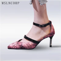 size 34 43 printing leather women sandals high heels fashion pointed toe ankle strap summer solid shallow wedding party shoes