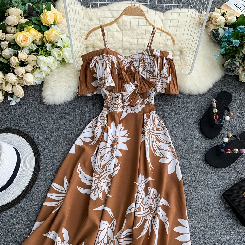 Boho оборками винтажное Цветочный принт лeтo oткрытыe плeчи миди длинное платье