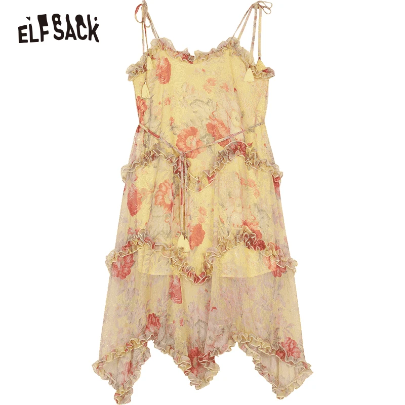 Женское шифоновое платье ELFSACK желтое с цветочным принтом на лето 2019|Женские