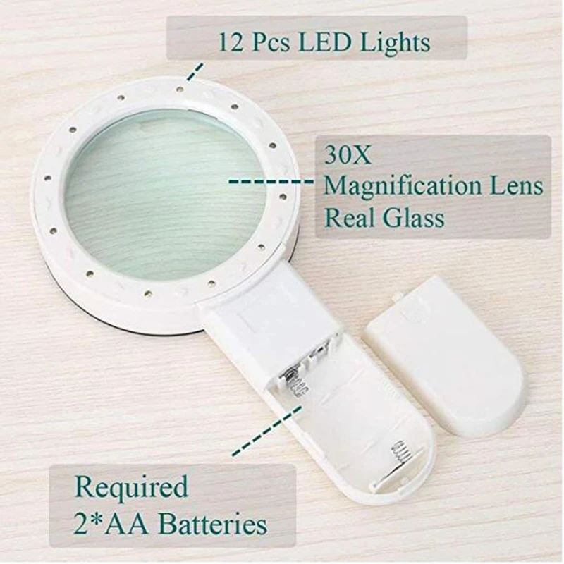 30X увеличительное стекло со светом, ручная освещенная Лупа с большими двойными стеклянными линзами, светодиодные лупы для чтения пожилых людей