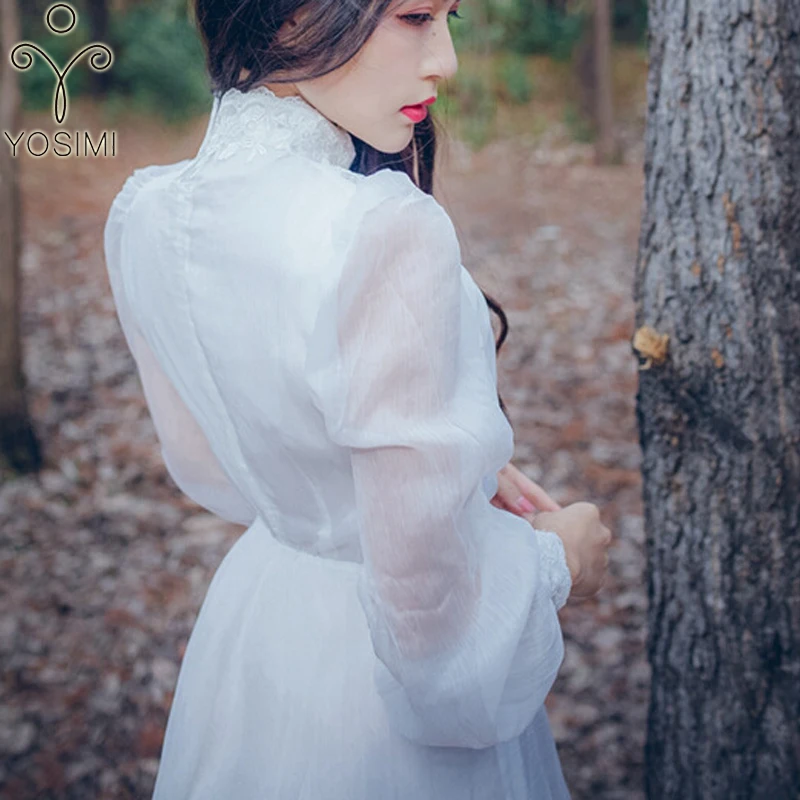 Женское длинное платье YOSIMI винтажная туника белого цвета с длинным рукавом и
