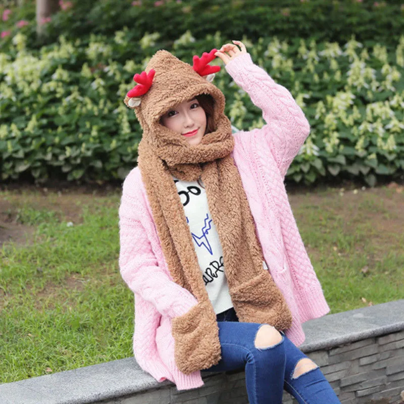 

Warm Winter Hats For Women Cartoon Deer Hood Snowflake Scarf Hat Gloves Set Ladies Girls Caps Winter Hat Christmas Gifts 2018