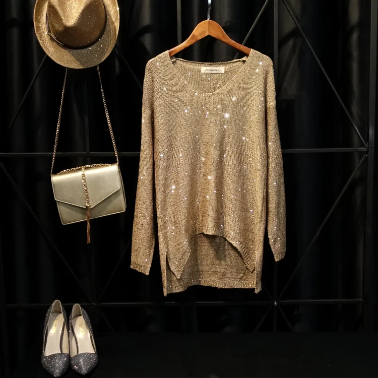 Cakucool, женский свитер с блестками, шикарный, весенний, длинный рукав, круглый ворот, джемпер, свободный, с разрезом, Повседневный, украшенный, вязанный, пуловер, свитер для девушек