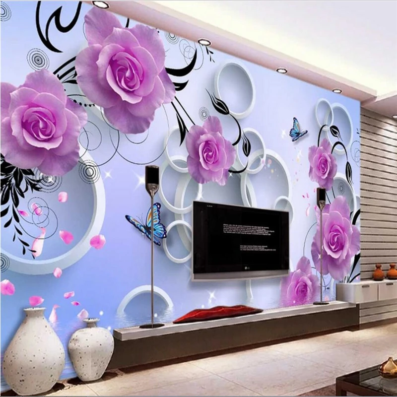 beibehang Wallpaper Mural Wall Sticker Pink Rose Petal Pendant Falling Double Disc Flying Aesthetic 3D Background Wall