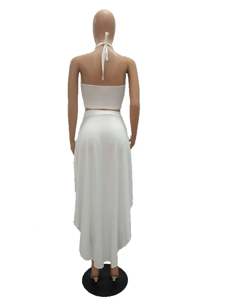 IMYSEN Dress Suit Women Two Piece Set Solid White Blue Halter Backless Top Dresses Suits 2PCS | Женская одежда