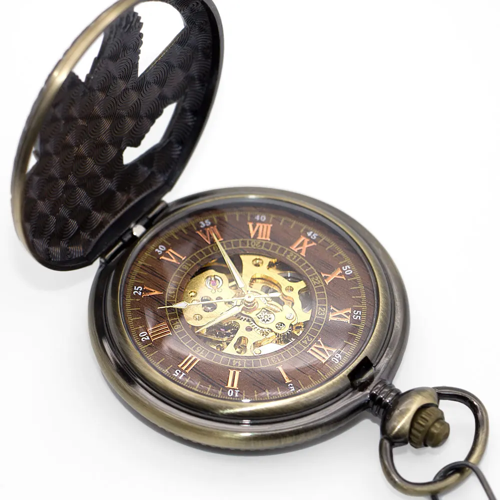 New Vintage&Antiuqe Eagle Shape Automatic Mechanical Pocket Watches Wooden Dial with Unisex Fob Chain Watch Best Gift PJX1347