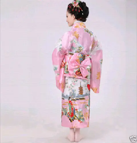 Розовый японский винтажный костюм кимоно с изображением гейши юката платье